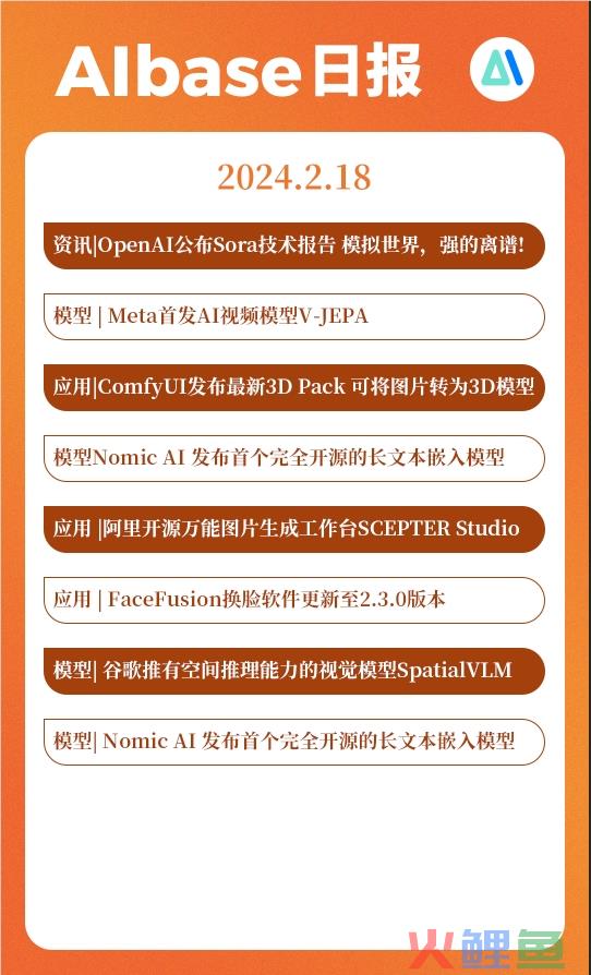 AI视野：OpenAI公布Sora技术报告；Meta首发AI视频模型V-JEPA；ComfyUI发布3D Pack；Nomic AI 发布完全开源的长文本嵌入模型
